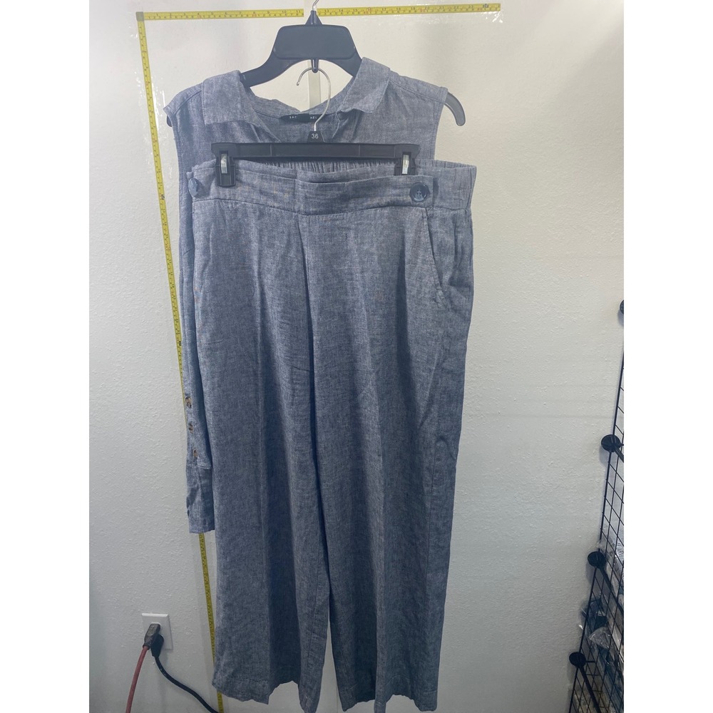 Zac & Rachel Blue Linen Blend Sleeveless Top and Wide Leg Pants Set Womens L XL